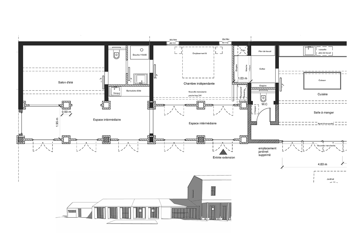 Plan de coupe d'une maison, travail de l'architecte en Roussillon.
