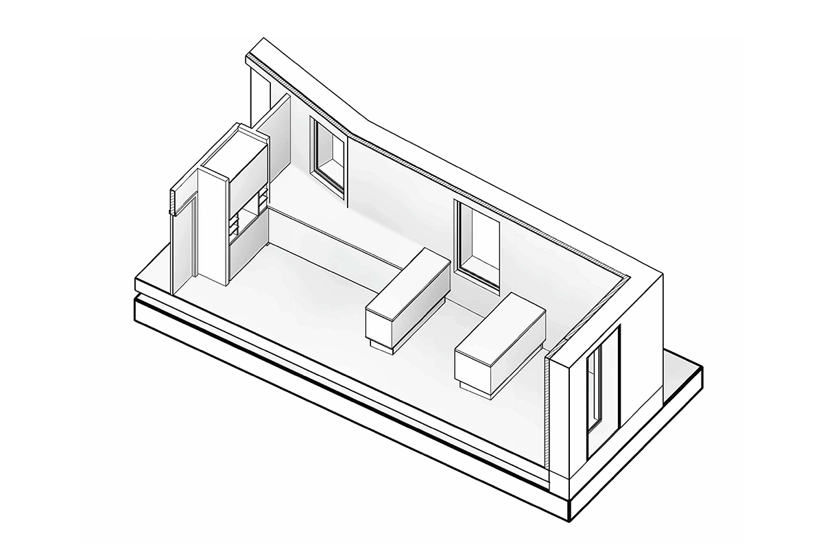 Vue de nuit du bâtiment avec éclairage architectural.